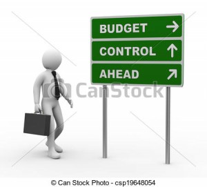 3d illustration of man and green roadsign of budget control ahead . 3d rendering of human people character.