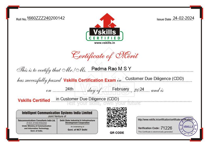 Padma Rao M S Y - Certificate in Customer Due Diligence (CDD)